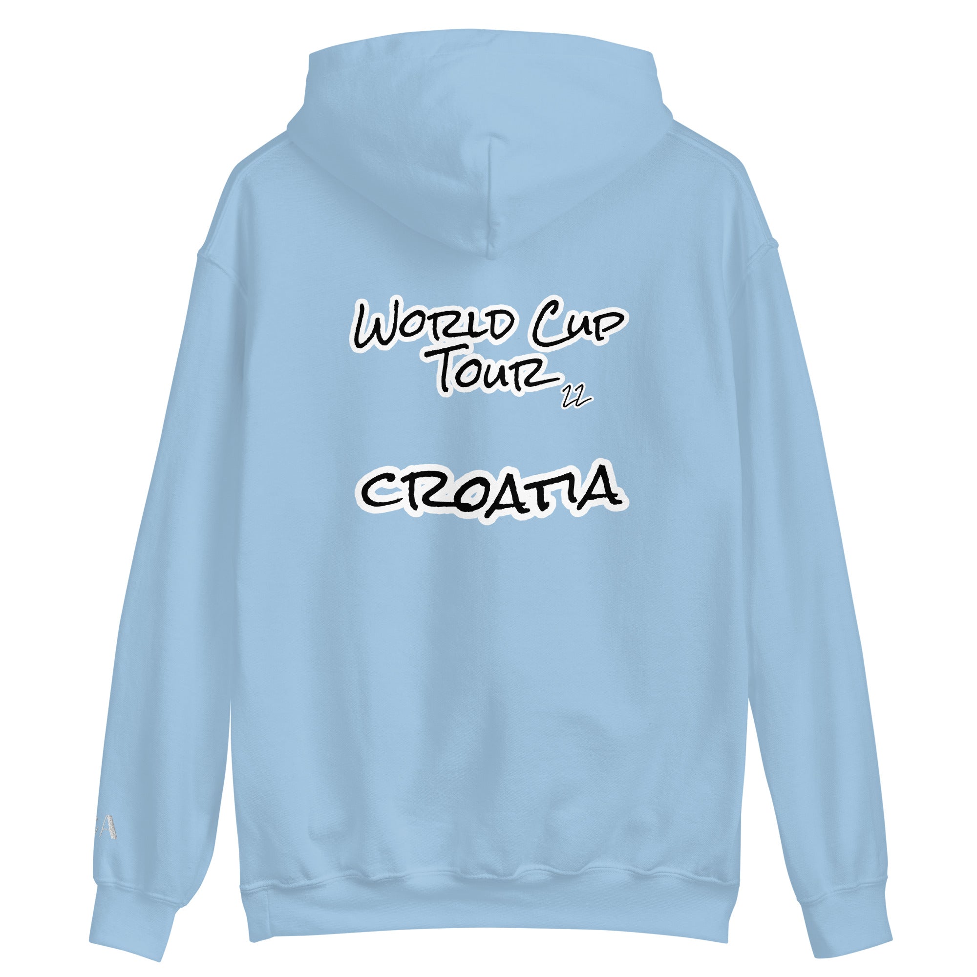 Black hoodie with online blue writing